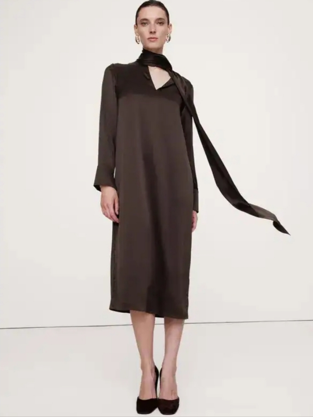 Banana Republic Silk Tie Neck Brown Midi Dress Long Sleeve XXS Fits XS
